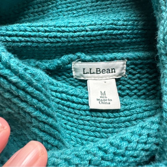LL Bean Double L Mixed-Cable Sweater Funnelneck Women’s Sz Medium TEAL Chunky - Picture 3 of 8